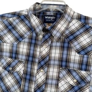 Wrangler Western Shirts Mens XL Blue Plaid Short Sleeve Pearl Snap Shirt